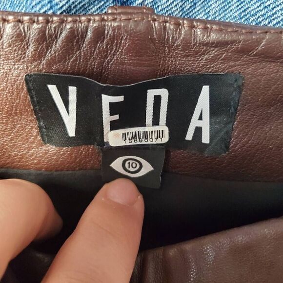 Veda Women's brown leather trousers Straight Leg High Waist 10 Flaw - Picture 7 of 7